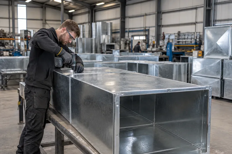 Engineer assembling galvanised steel ventilation ductwork in a fabrication workshop